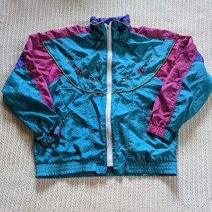 Vintage Windbreaker Jacket Two Twenty Women's Medium Teal Embroidered 80s/90s